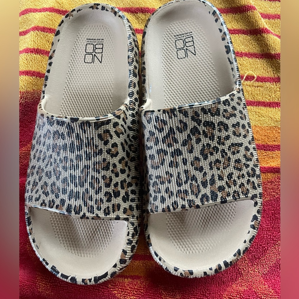 No Boundaries Leopard Print Slide Sandals - Tan, Black, Brown